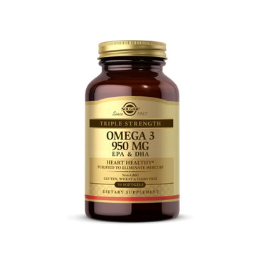 A bottle of Solgar Triple Strength Omega-3, 950 mg EPA & DHA softgels supports optimal cardiovascular health. These non-GMO softgels are gluten, wheat, and dairy-free, making them a pure supplement choice for heart health support.